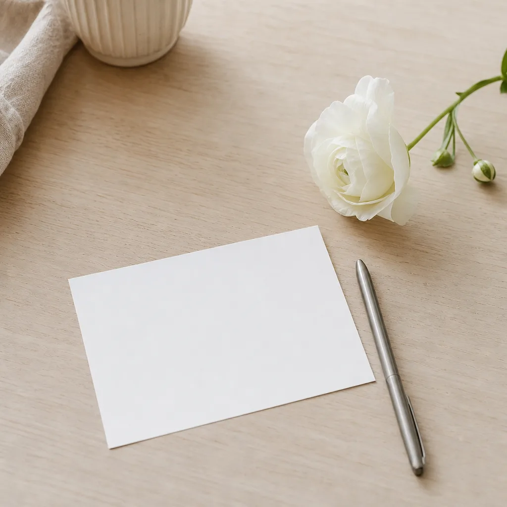 Vitt sorgband och blomsterkort med handskriven hälsning vid en dämpad sorgbukett