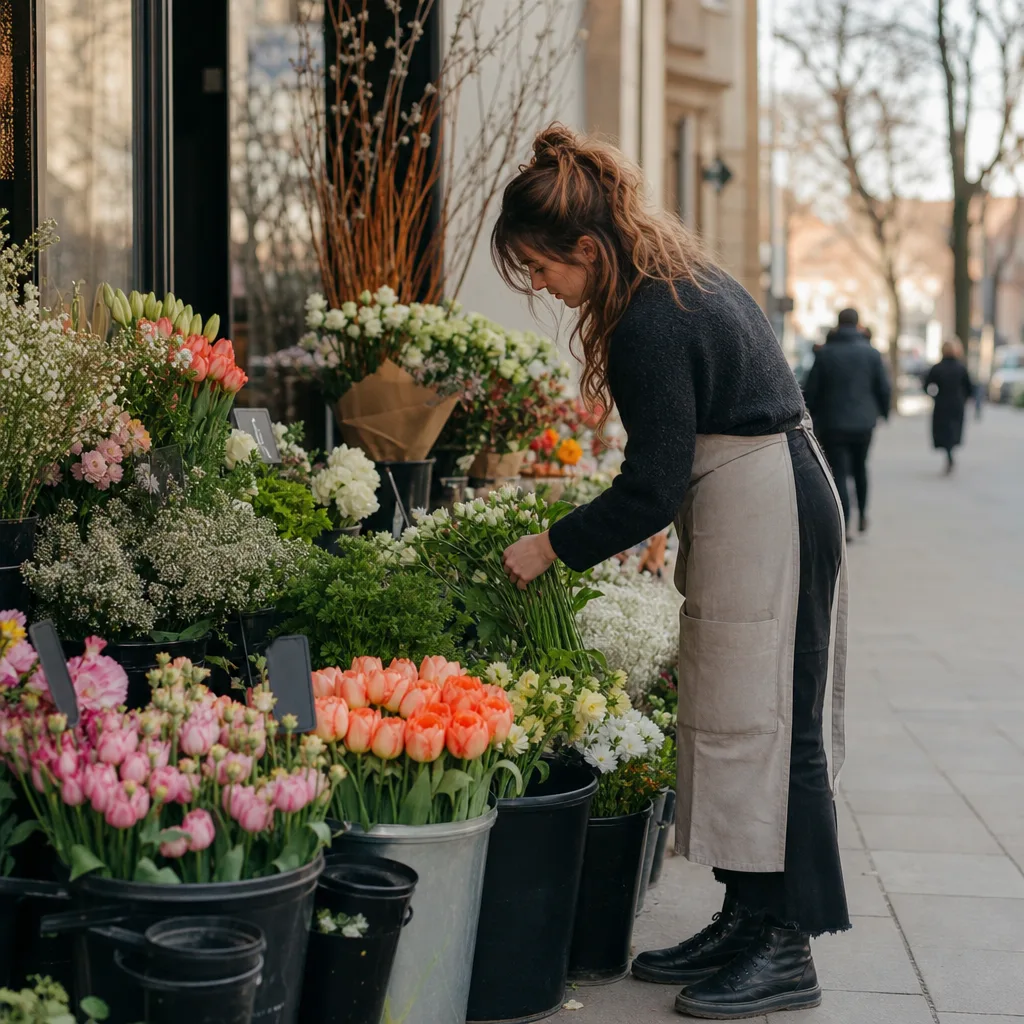 Färska snittblommor i hinkar hos en lokal blomsterhandel