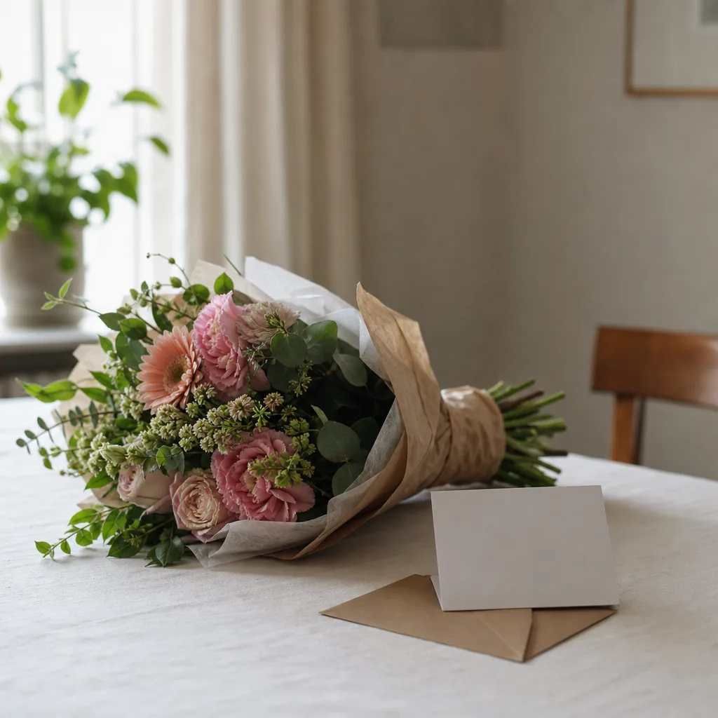 Handbunden bukett med ett litet hälsningskort, redo att skickas som blommogram