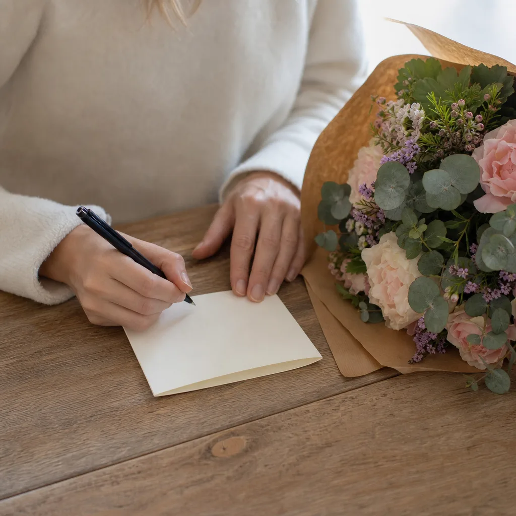 Vitt blomsterkort med handskriven hälsning vid en dämpad sorgbukett