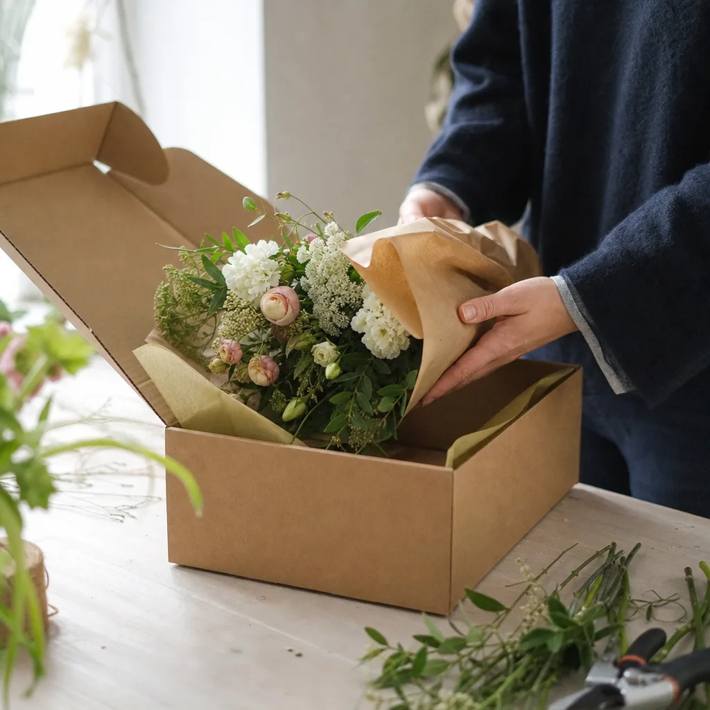 Handbunden bukett från Euroflorist redo att skickas som blombud