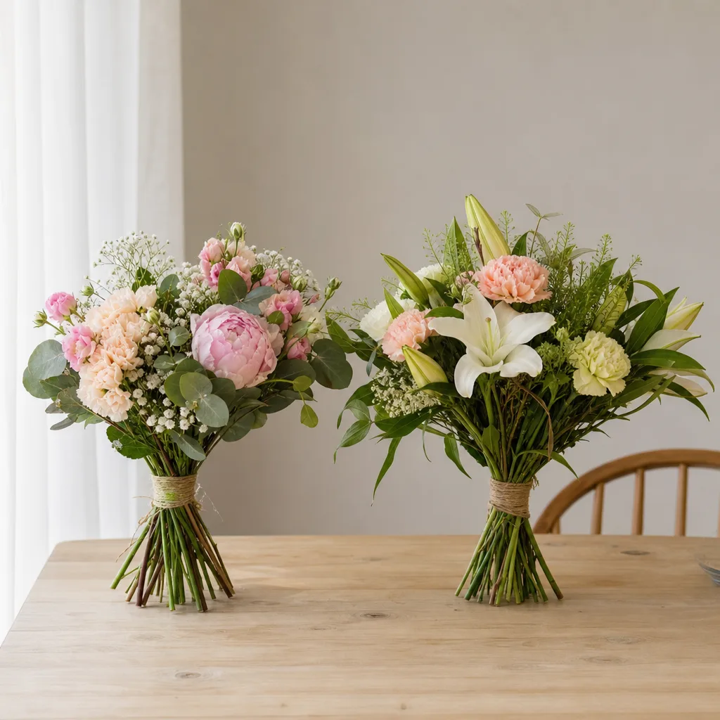 Två handbundna buketter sida vid sida på ett ljust bord, en jämförelse mellan blombuden Interflora och Euroflorist