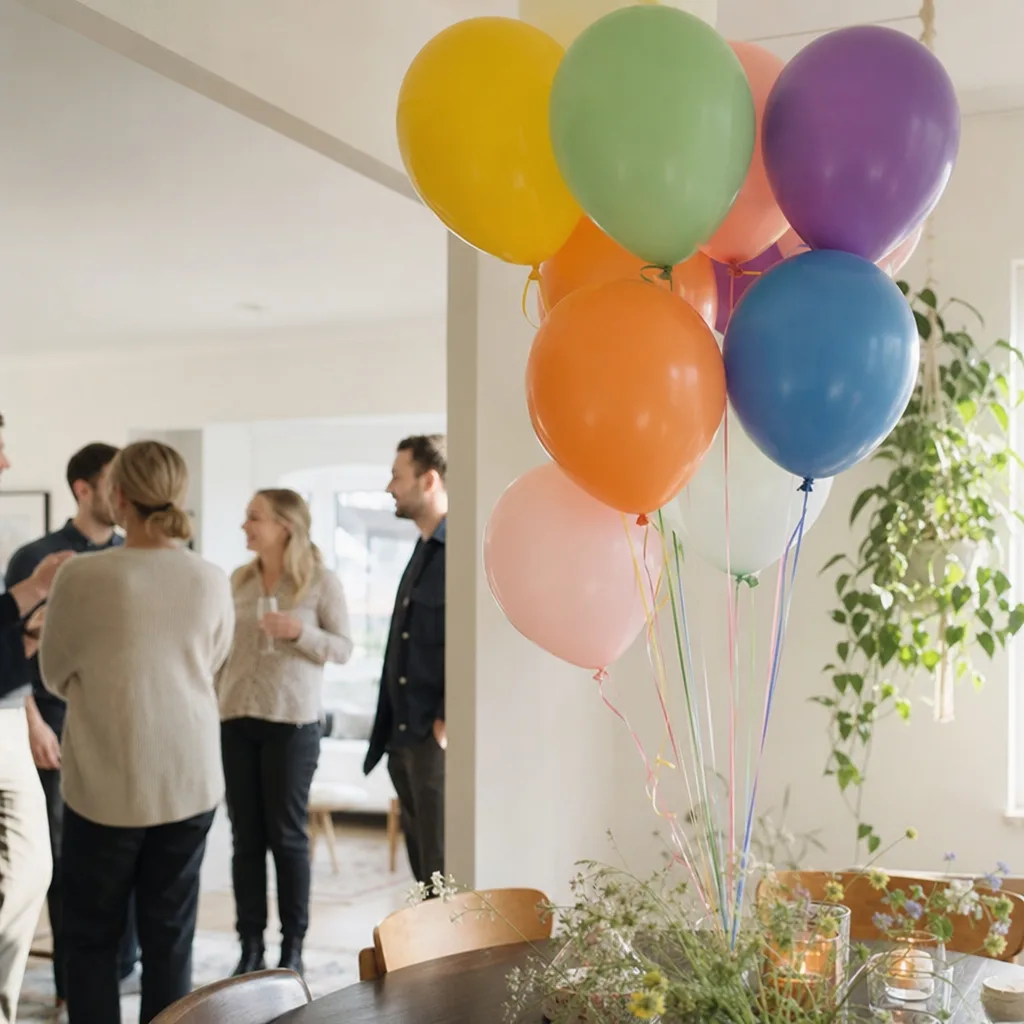 Färgglad bukett med heliumballonger i folie och latex packad som present för leverans