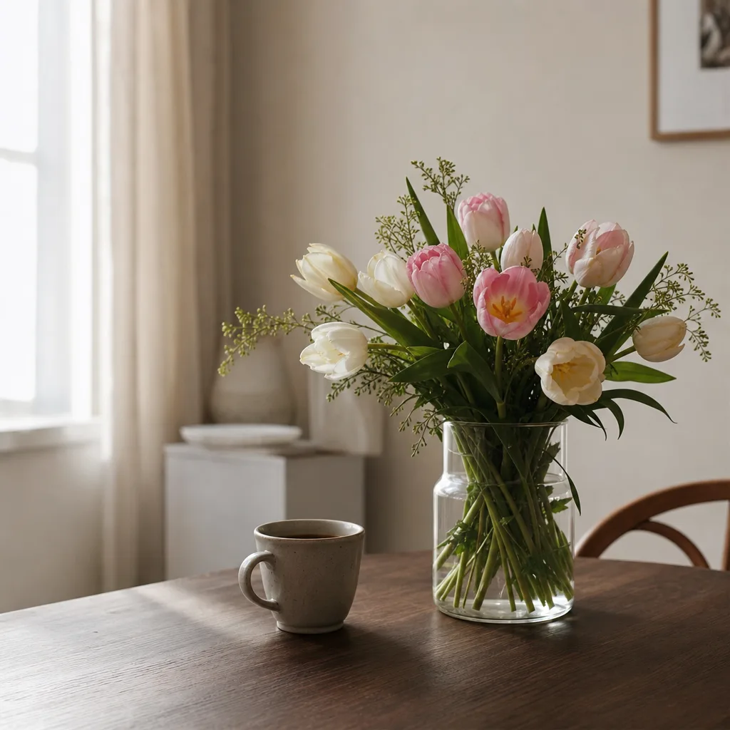 Färsk bukett bunden av en lokal florist, redo att levereras som blombud i Albanien