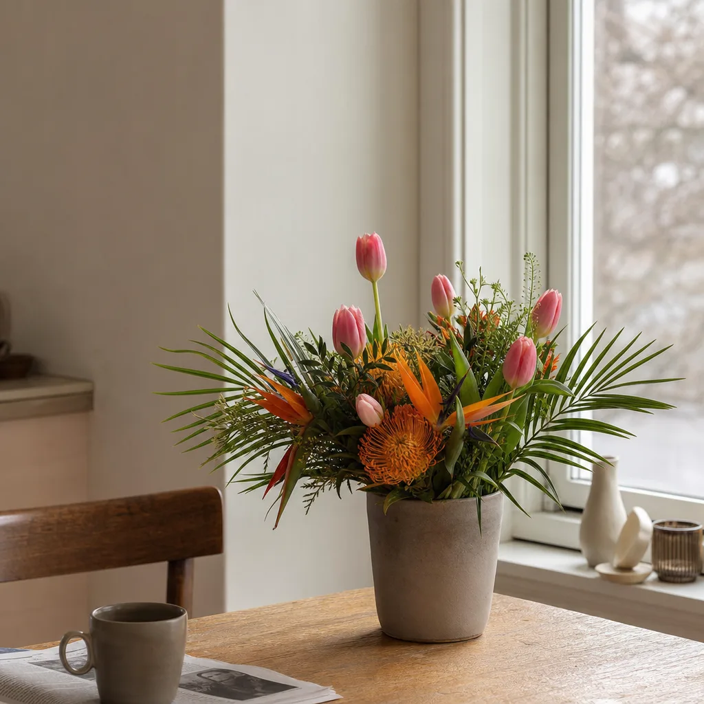 Färsk bukett bunden av en lokal florist, redo att levereras som blombud i Algeriet