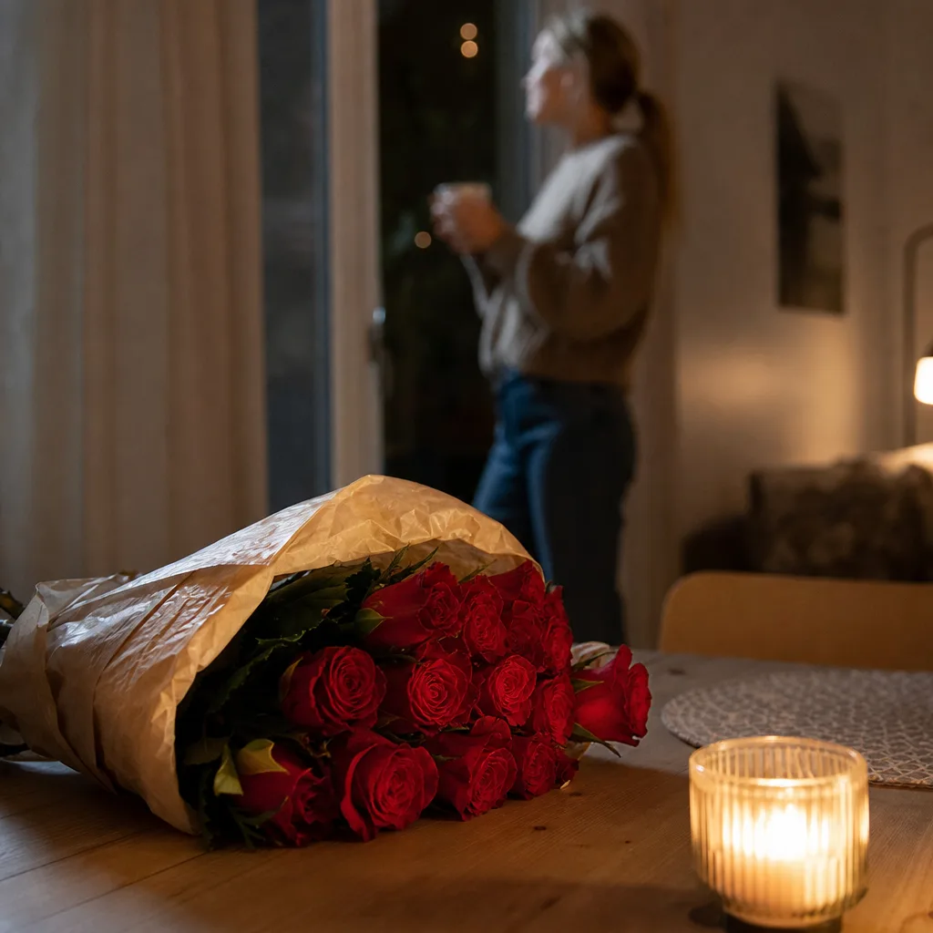 Röd kärleksbukett till alla hjärtans dag packad för leverans med blombud