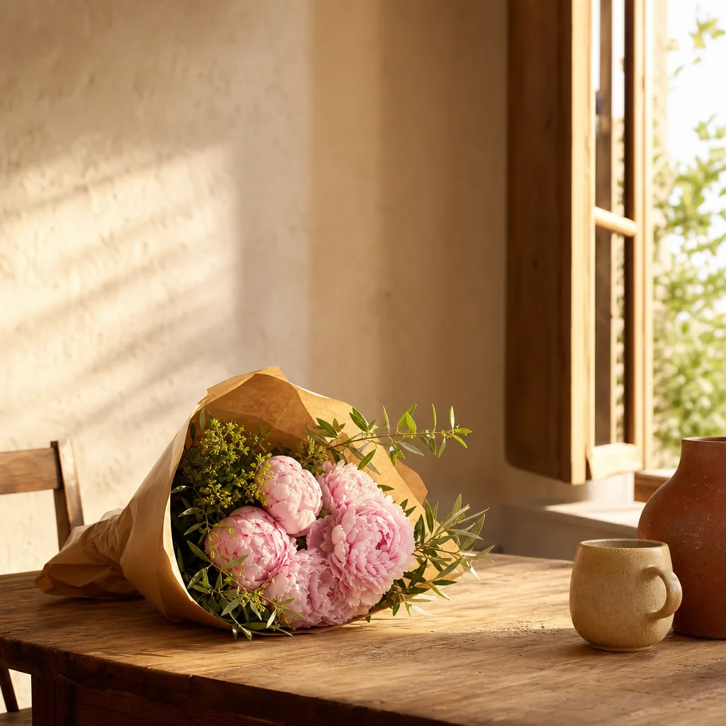 Färsk bukett bunden av en lokal florist, redo att levereras som blombud i Andorra
