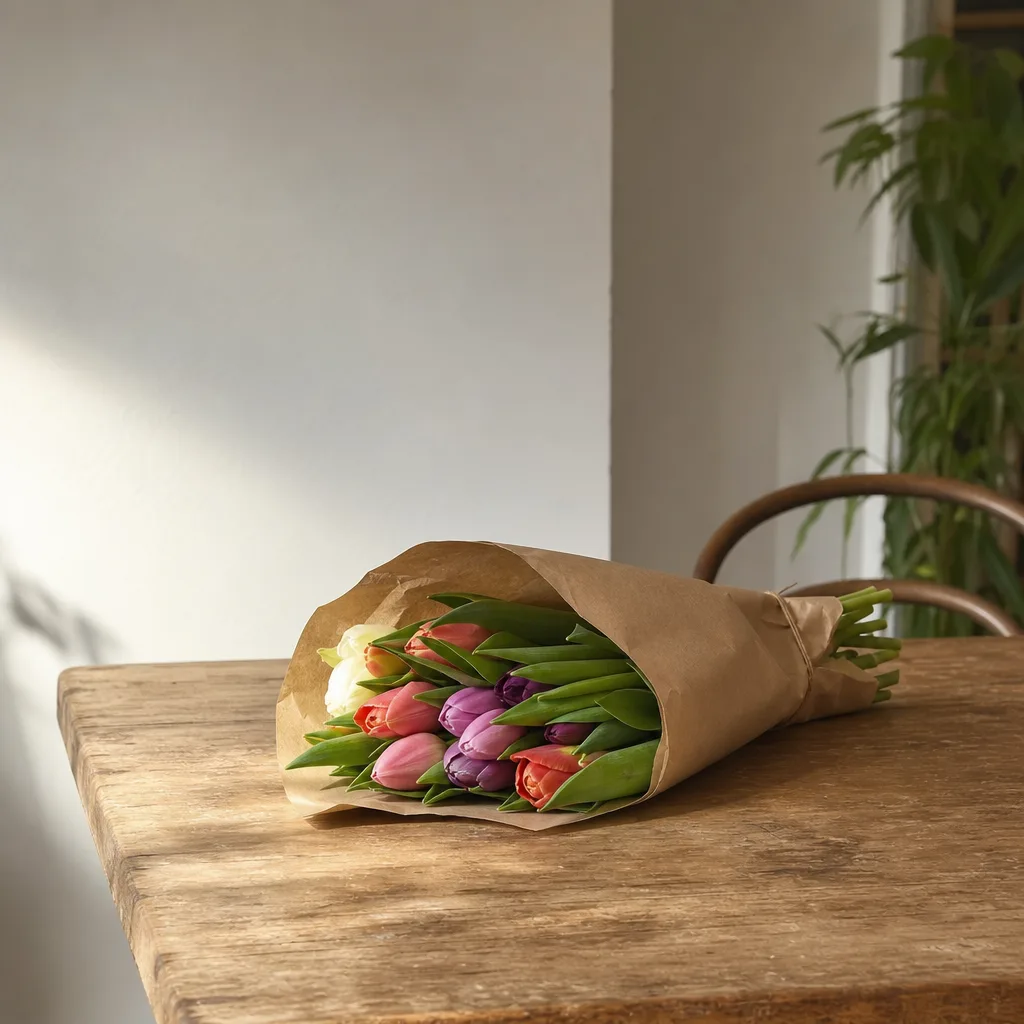 Färsk bukett bunden av en lokal florist, redo att levereras som blombud i Argentina