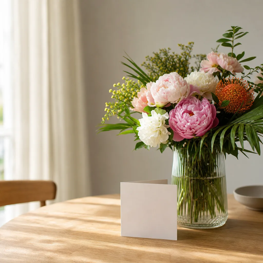 Färsk bukett bunden av en lokal florist, redo att levereras som blombud i Australien