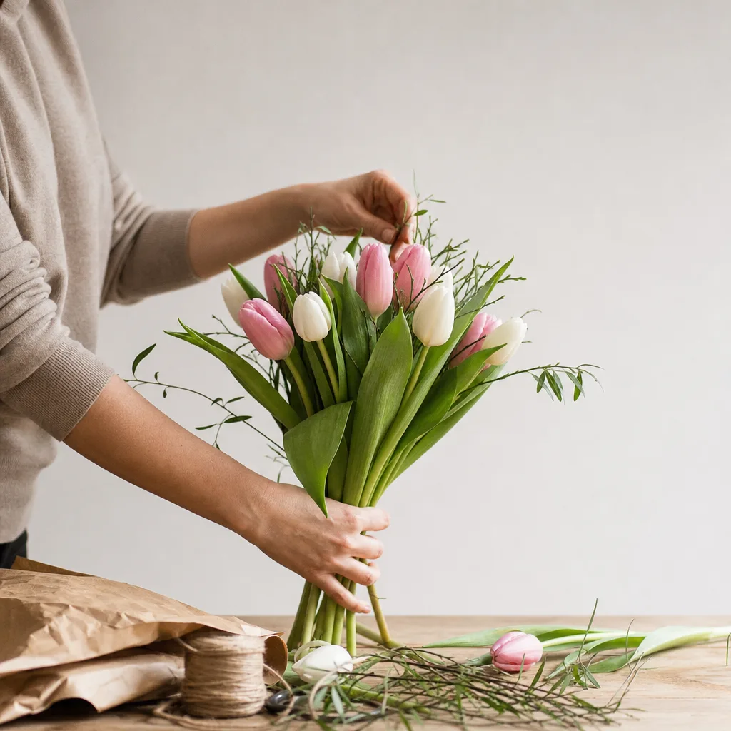 Färsk bukett bunden av en lokal florist, redo att levereras som blombud i Bangladesh