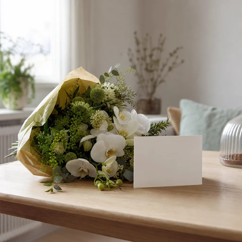 Färsk bukett bunden av en lokal florist, redo att levereras som blombud i Belgien