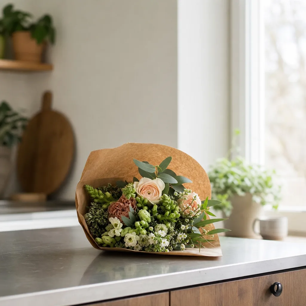 Enkel men vacker säsongsbukett i en glasvas på ett ljust köksbord