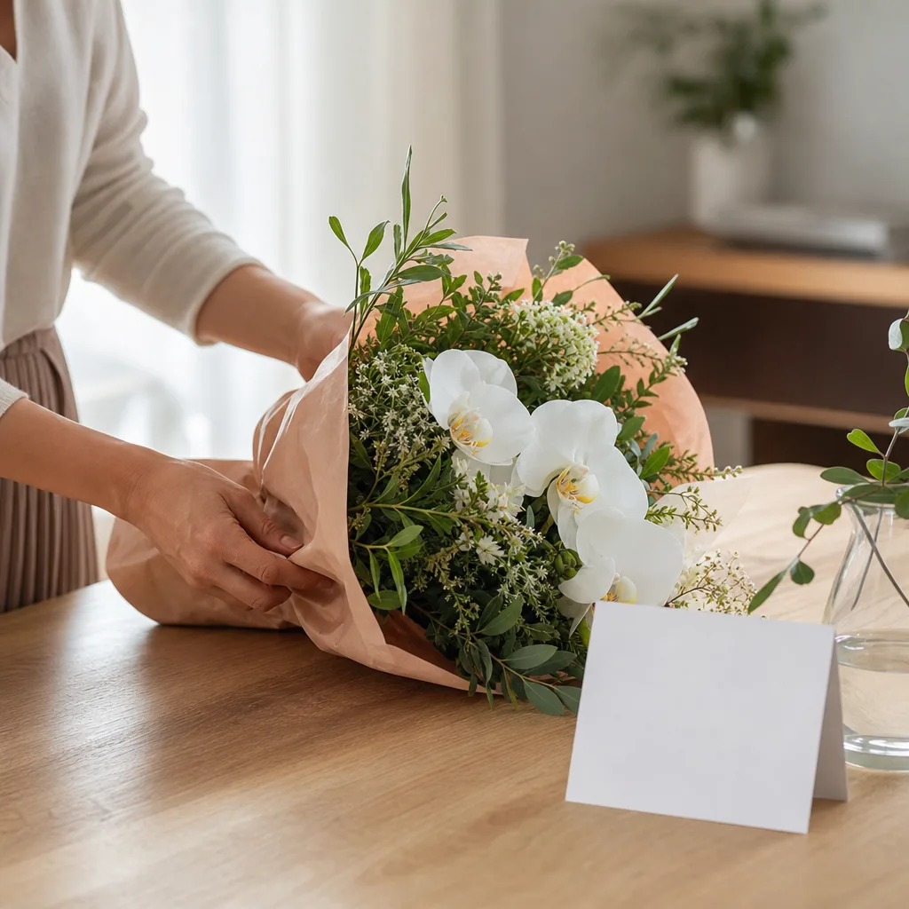 Färsk bukett bunden av en lokal florist, redo att levereras som blombud i Bosnien och Hercegovina