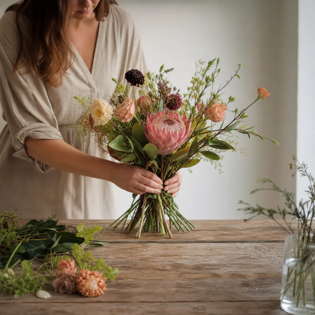 Färsk bukett bunden av en lokal florist, redo att levereras som blombud i Botswana