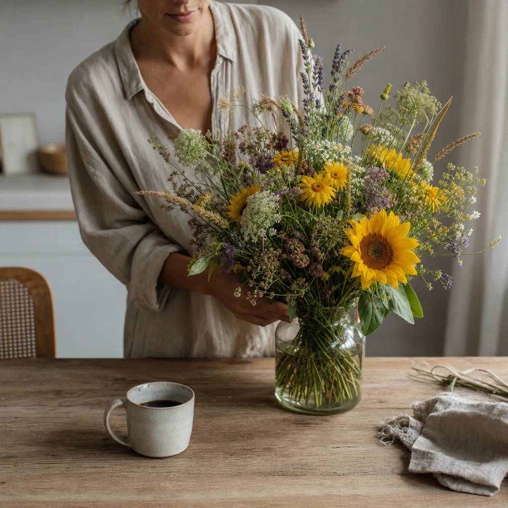 Färsk bukett bunden av en lokal florist, redo att levereras som blombud i Bulgarien