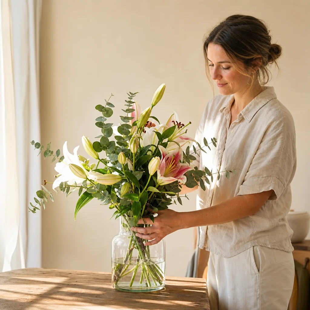 Färsk bukett bunden av en lokal florist, redo att levereras som blombud i Colombia