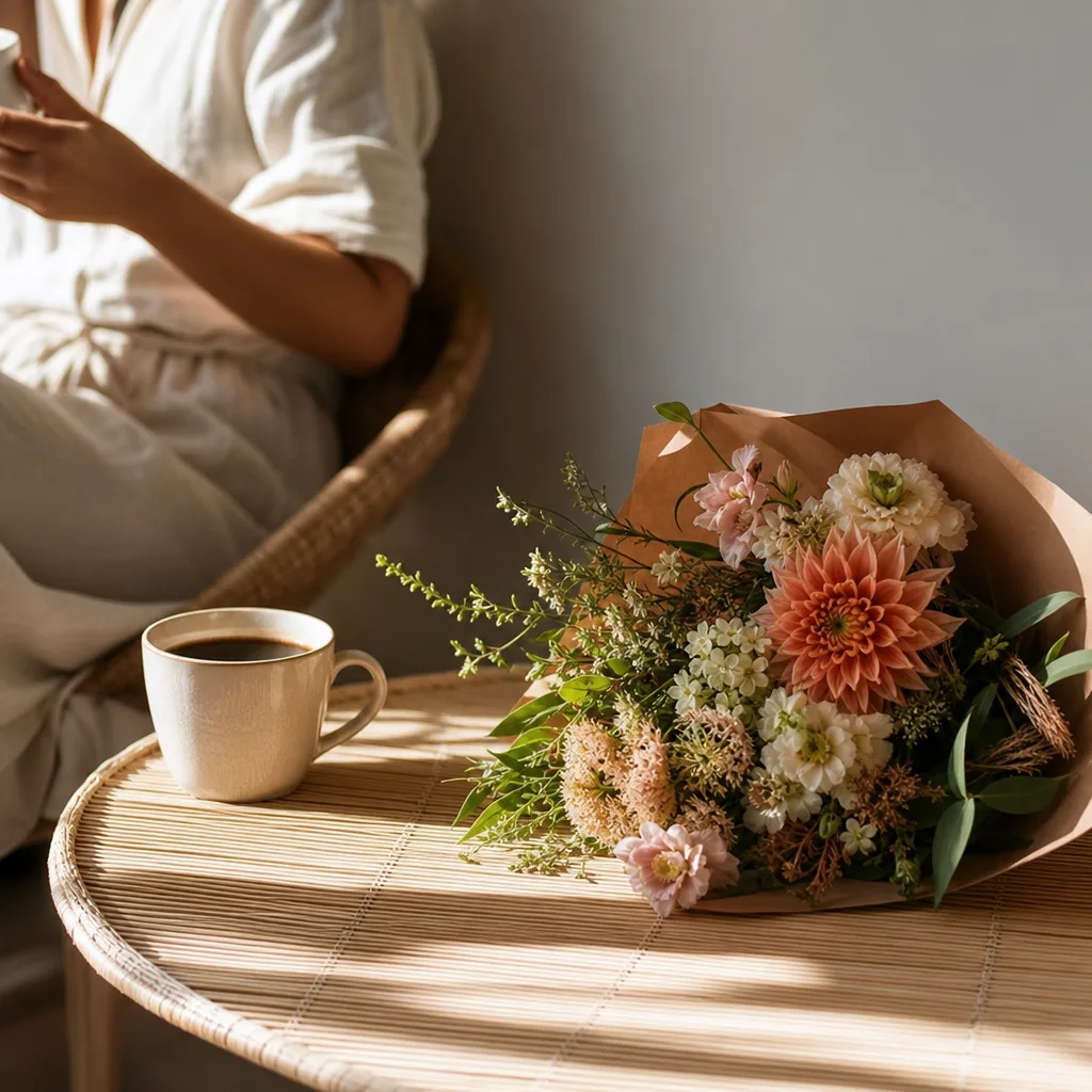 Färsk bukett bunden av en lokal florist, redo att levereras som blombud i Costa Rica