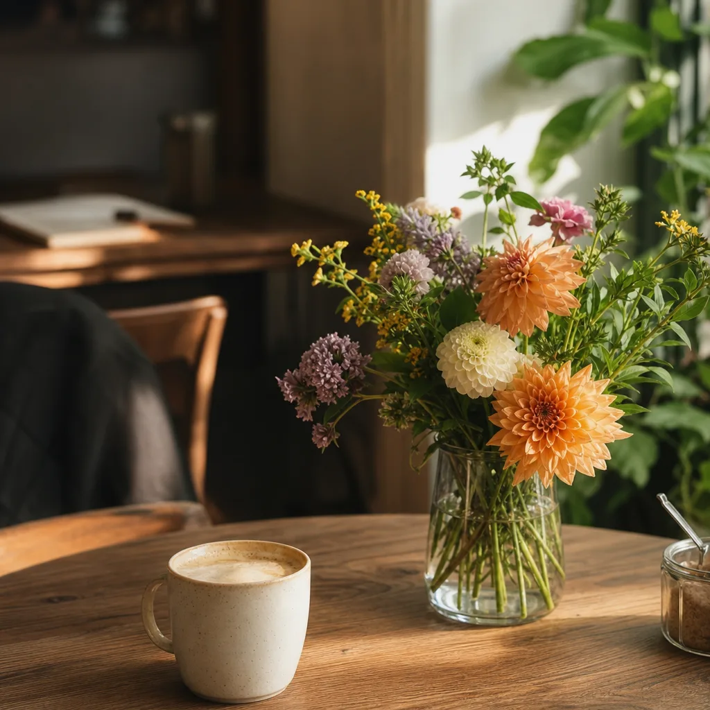 Färsk bukett bunden av en dansk florist, redo att levereras som blombud i Köpenhamn