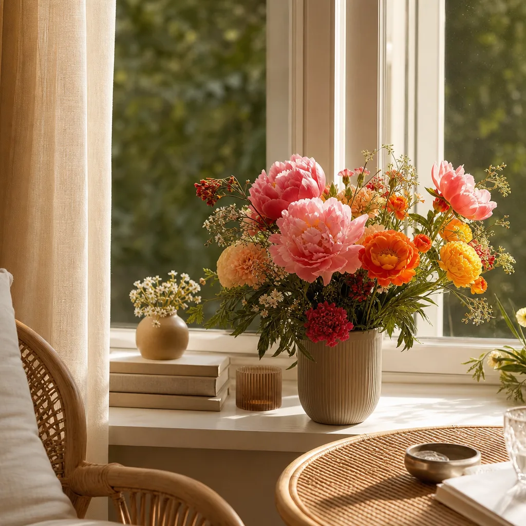 Färsk bukett bunden av en lokal florist, redo att levereras som blombud i Dominikanska republiken