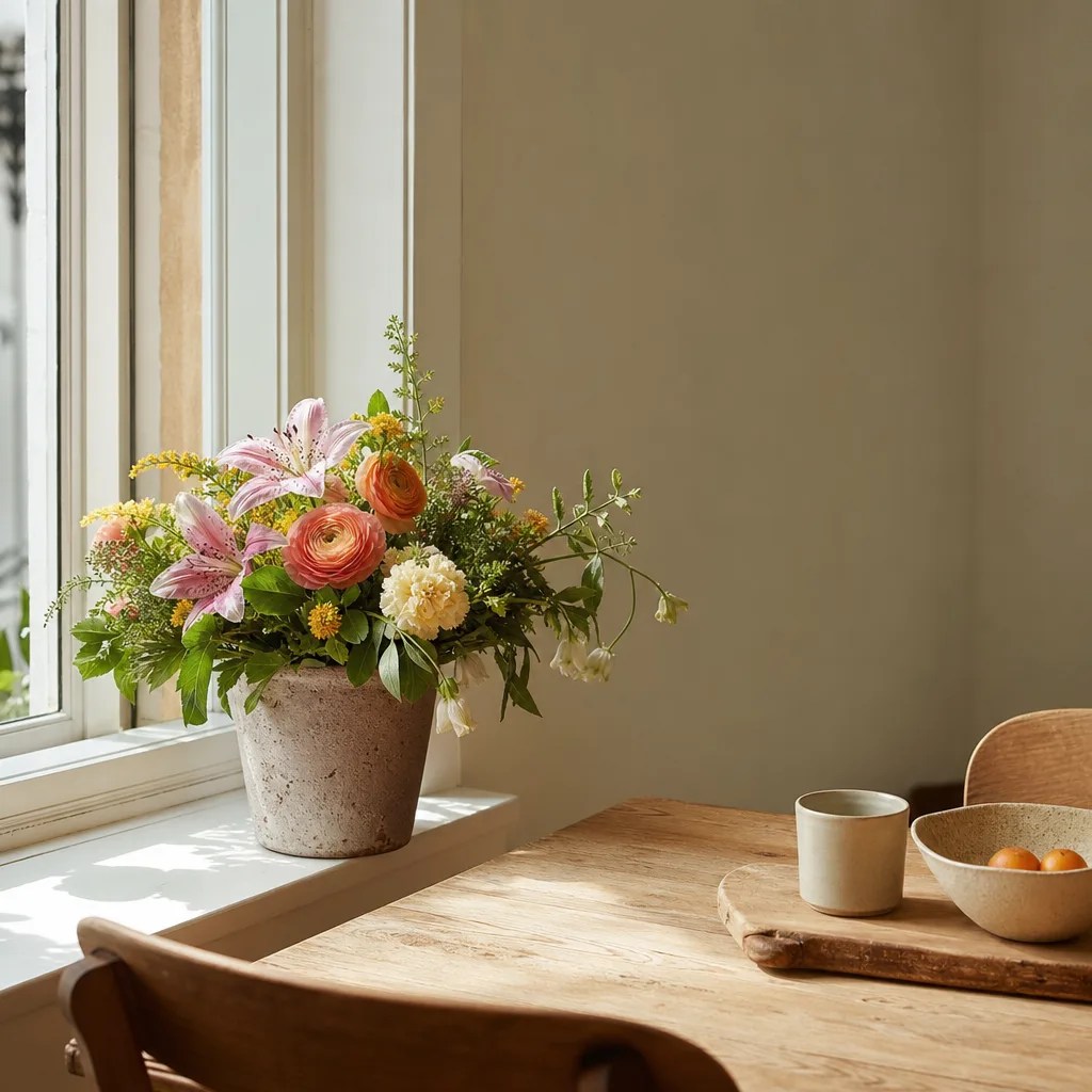 Färsk bukett bunden av en lokal florist, redo att levereras som blombud i Ecuador
