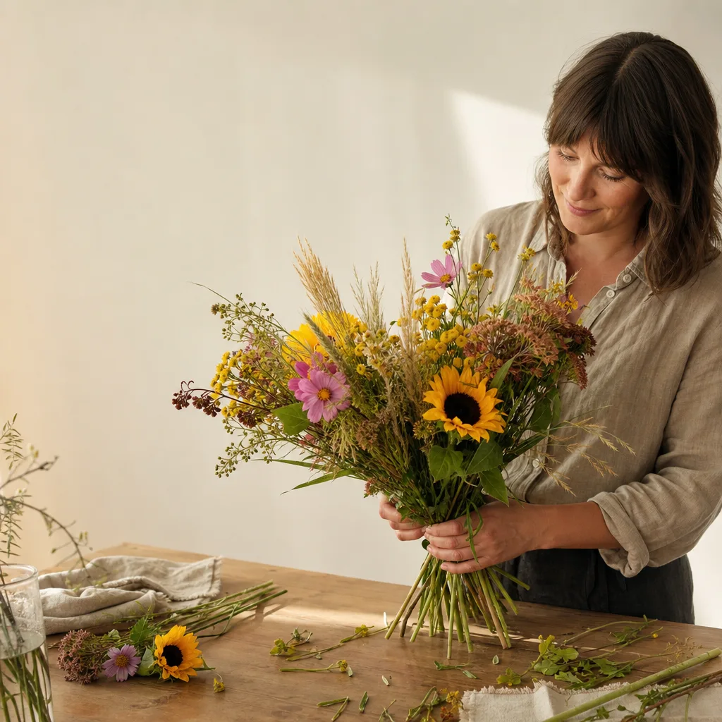 Färsk bukett bunden av en lokal florist, redo att levereras som blombud i Etiopien