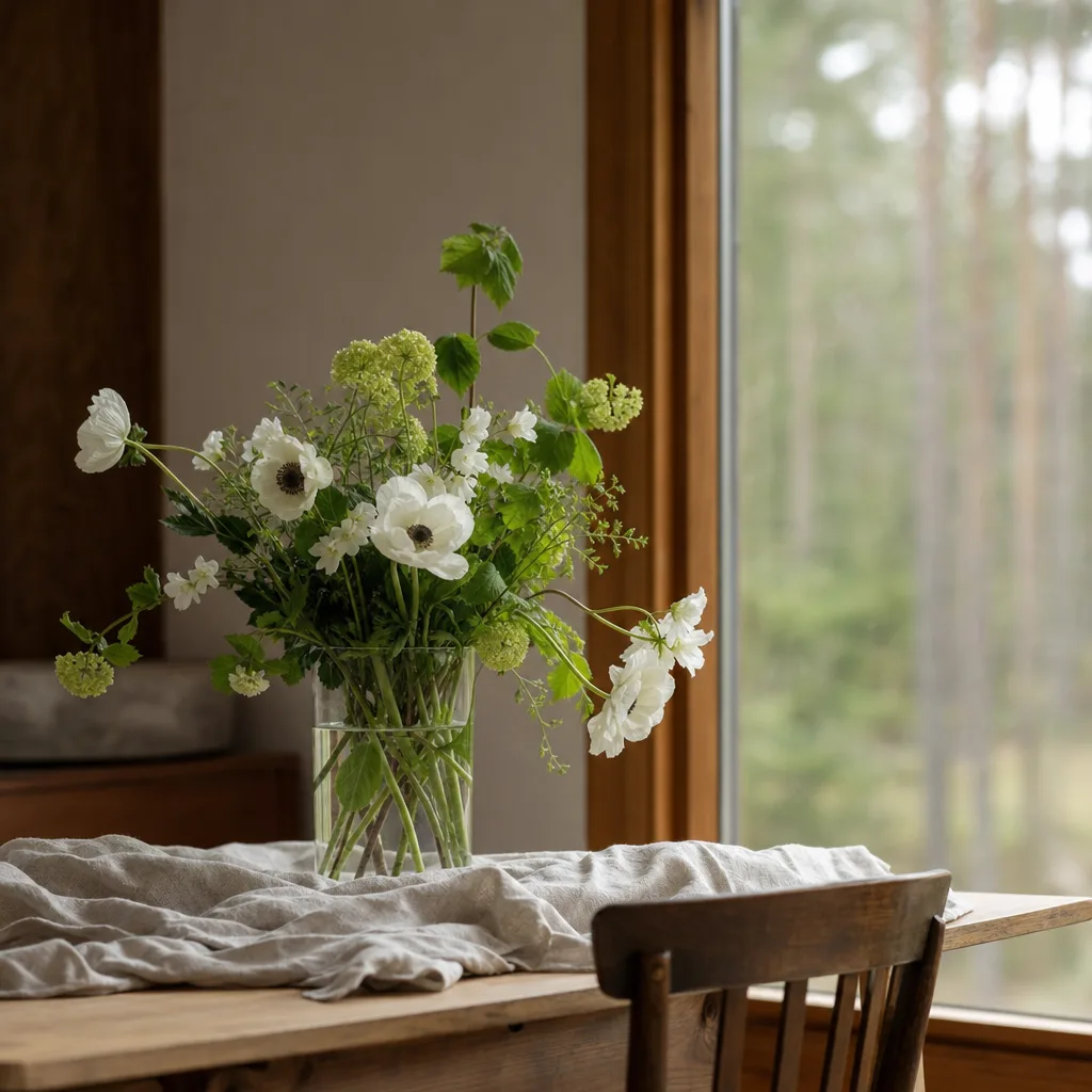Färsk bukett bunden av en finsk florist, redo att levereras som blombud i Helsingfors