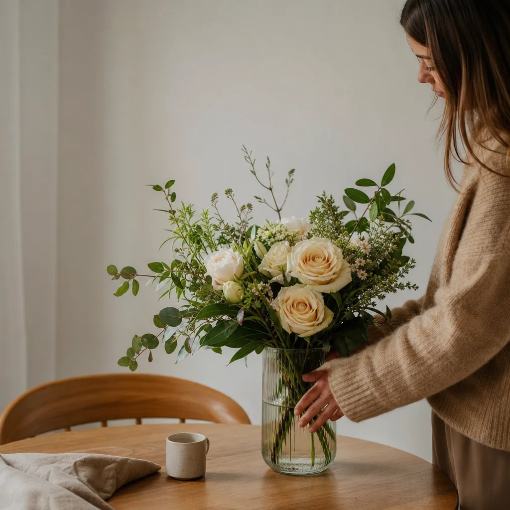 Färsk bukett bunden av en lokal florist, redo att levereras som blombud i Förenade Arabemiraten