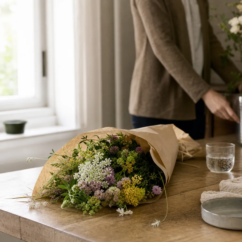 Färsk bukett bunden av en lokal florist, redo att levereras som blombud i Frankrike