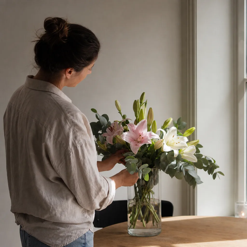 Färsk bukett bunden av en lokal florist, redo att levereras som blombud i Ghana