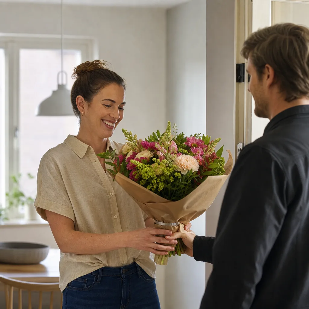 Festlig grattisbukett i klara gula, orange och rosa toner med gerbera och solrosor
