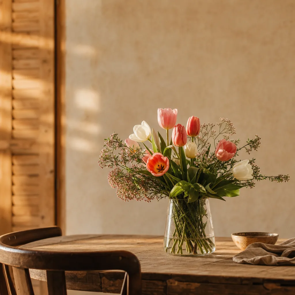 Färsk bukett bunden av en lokal florist, redo att levereras som blombud i Grekland