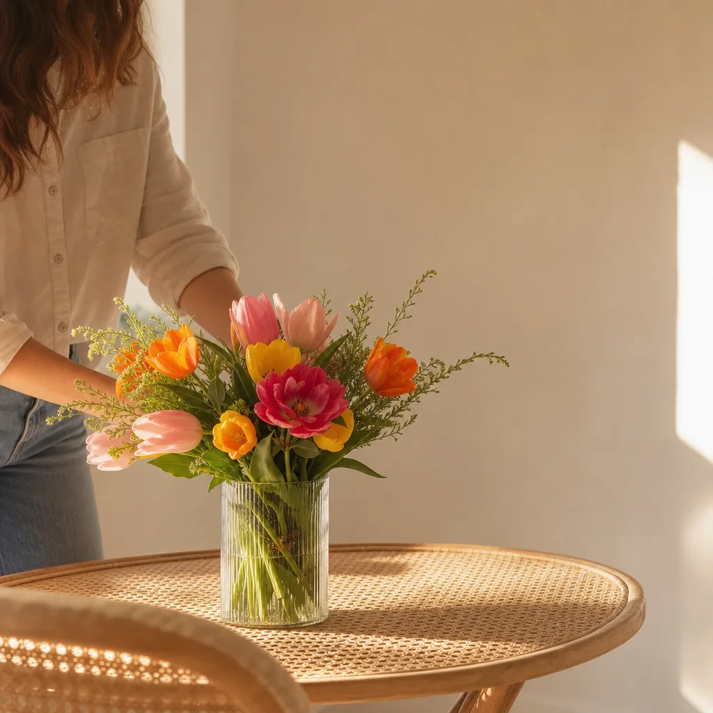 Färsk bukett bunden av en lokal florist, redo att levereras som blombud i Guatemala