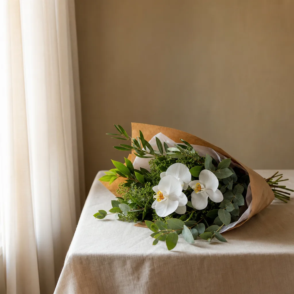 Färsk bukett bunden av en lokal florist, redo att levereras som blombud i Hongkong