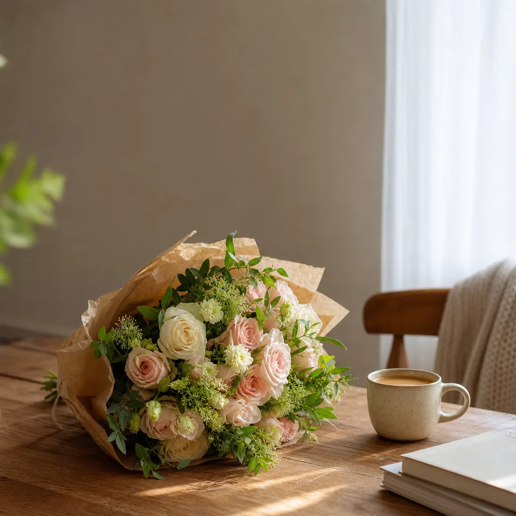 Färsk bukett bunden av en lokal florist, redo att levereras som blombud i Indien