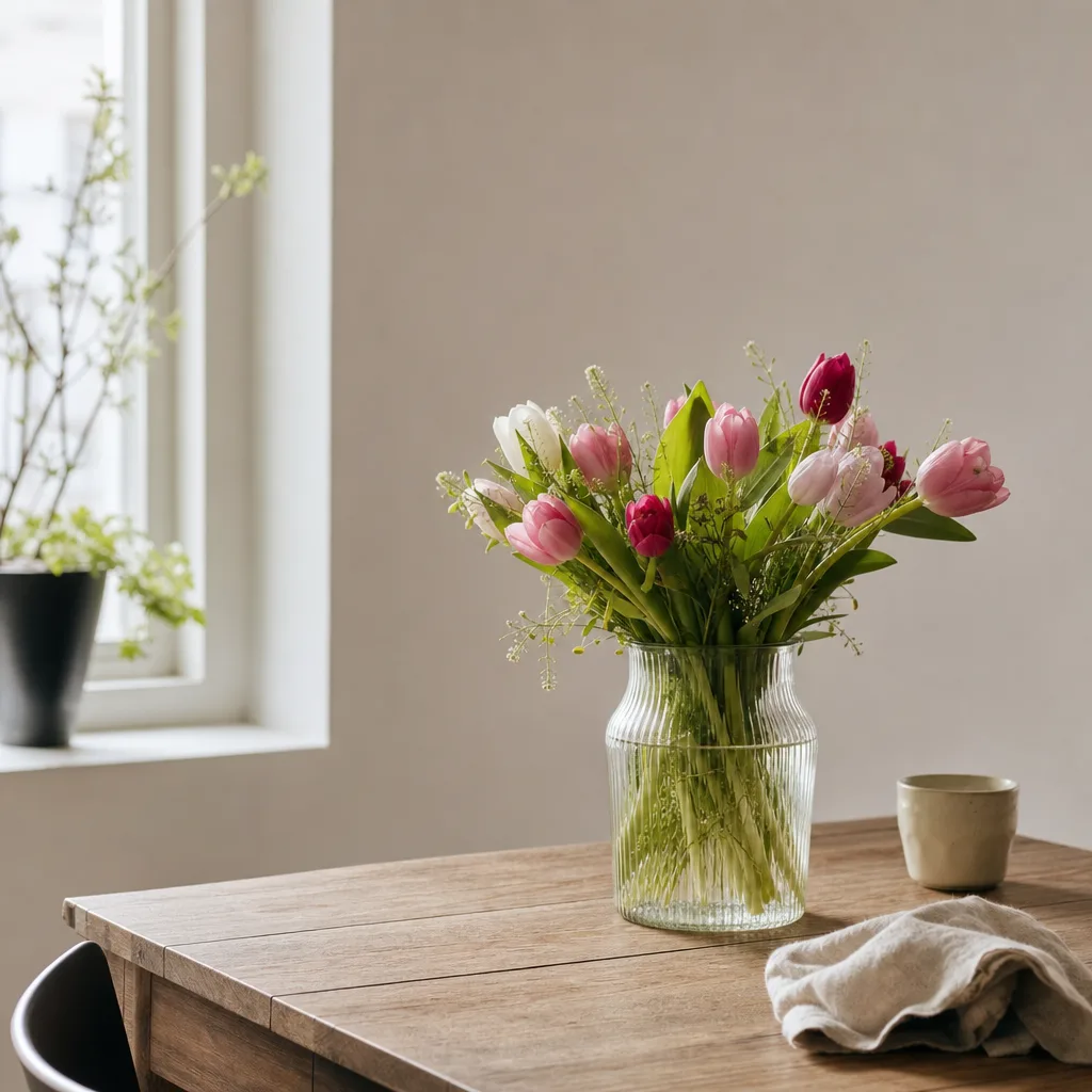 Färsk bukett bunden av en lokal florist, redo att levereras som blombud i Indonesien