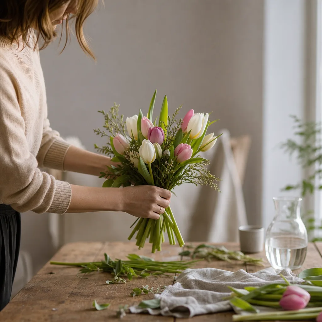 Färsk bukett bunden av en lokal florist, redo att levereras som blombud i Irland
