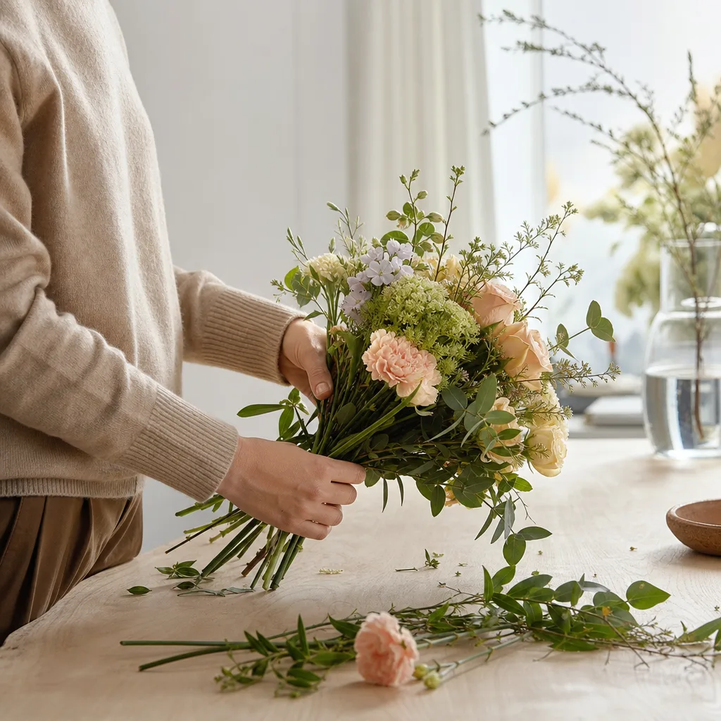 Färsk bukett bunden av en lokal florist, redo att levereras som blombud i Island