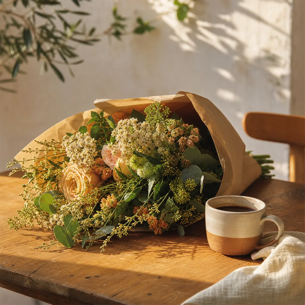 Färsk bukett bunden av en lokal florist, redo att levereras som blombud i Italien