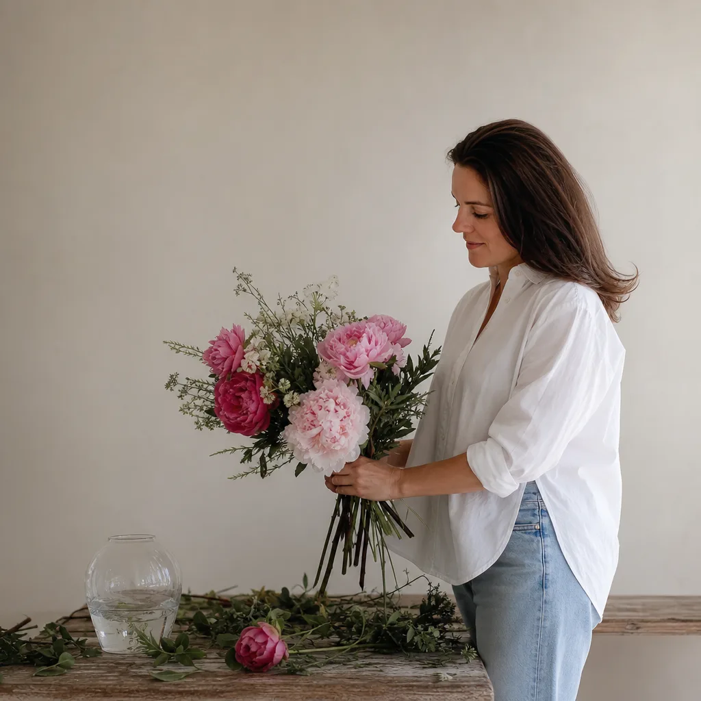 Färsk bukett bunden av en lokal florist, redo att levereras som blombud i Japan