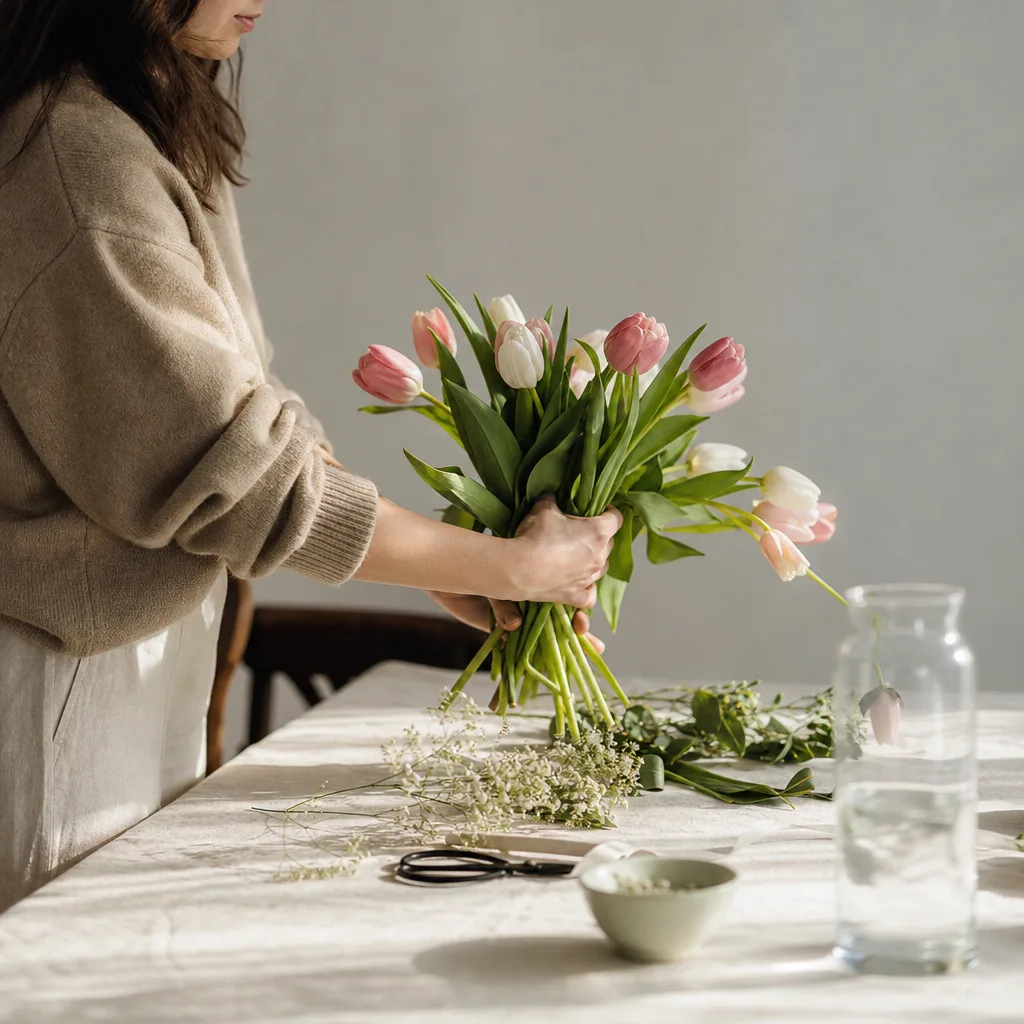 Färsk bukett bunden av en lokal florist, redo att levereras som blombud i Jordanien