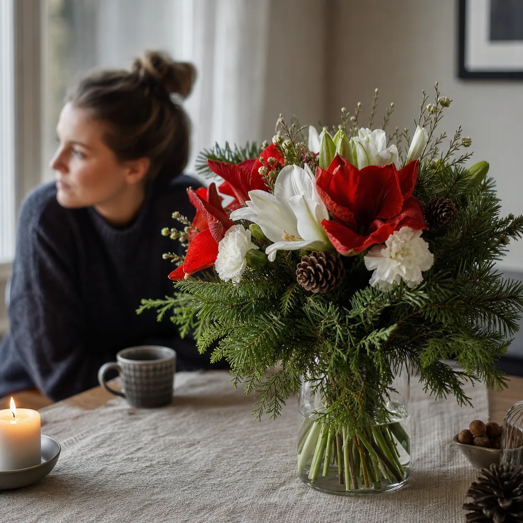 Adventsarrangemang med röd amaryllis, julstjärna och granris på ett bord