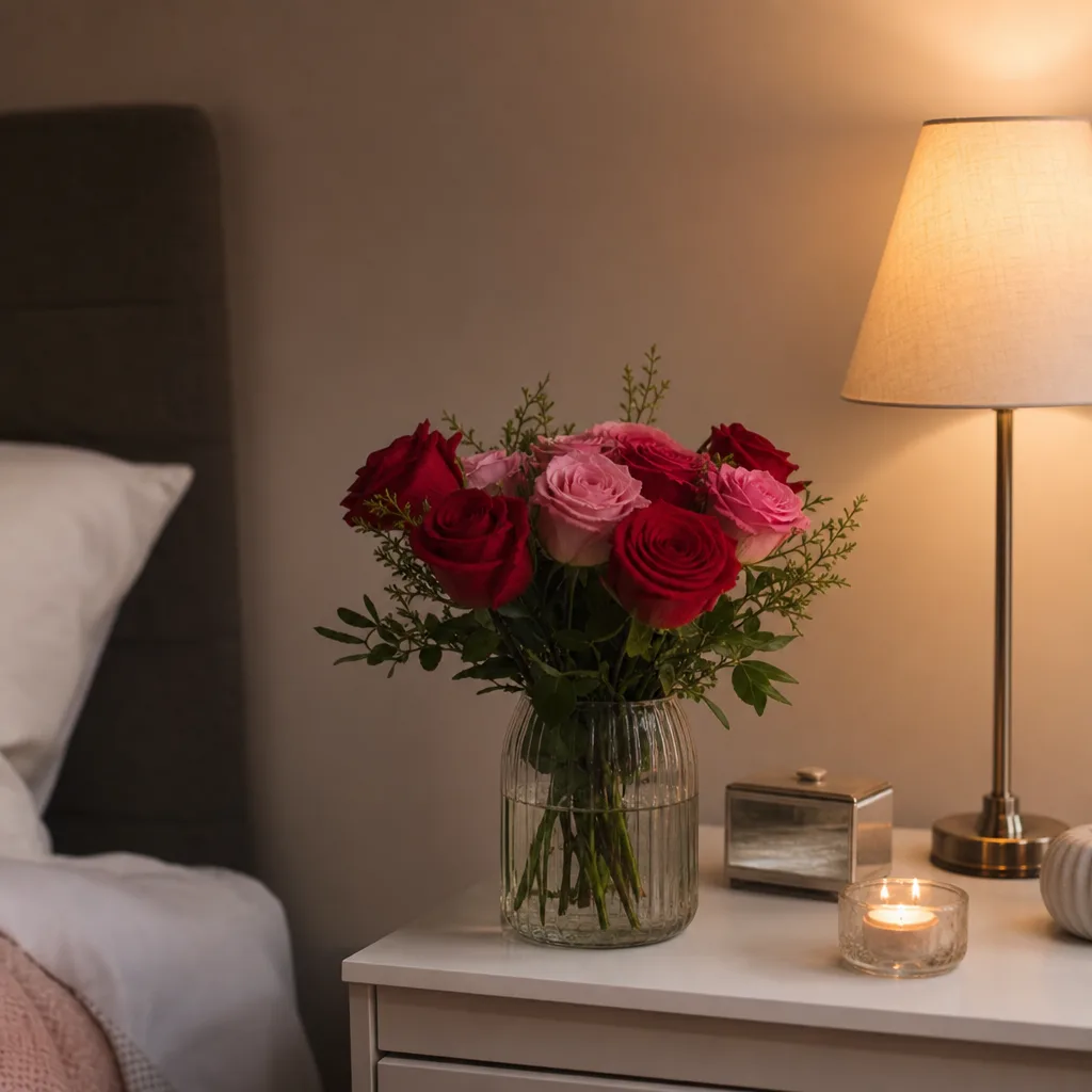 Bukett med röda rosor inslagen som romantisk kärleksgåva