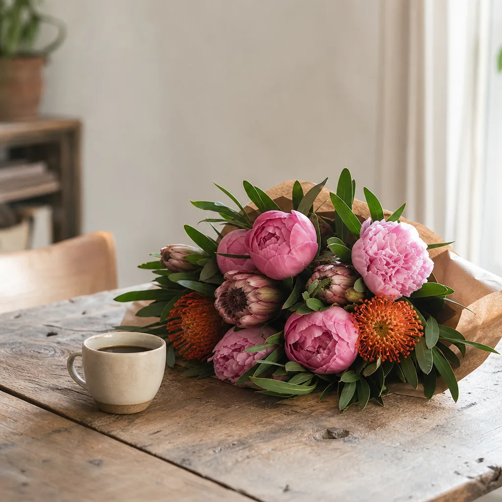 Färsk bukett bunden av en lokal florist, redo att levereras som blombud i Kenya