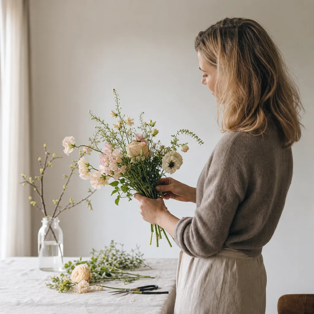 Färsk bukett bunden av en lokal florist, redo att levereras som blombud i Kina