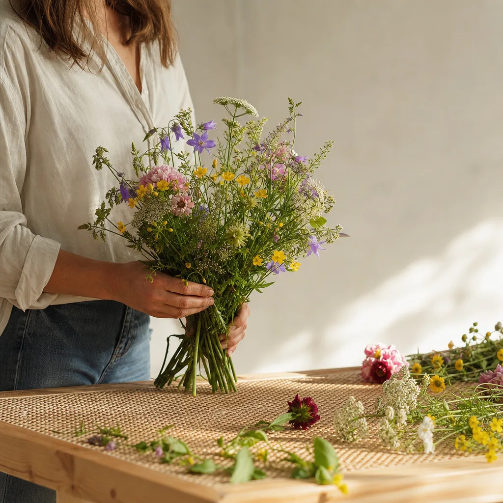 Färsk bukett bunden av en lokal florist, redo att levereras som blombud i Kuba