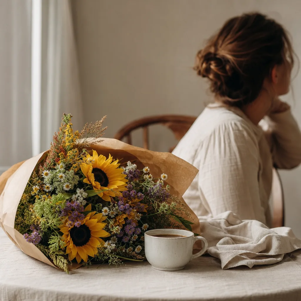 Färsk bukett bunden av en lokal florist, redo att levereras som blombud i Lettland