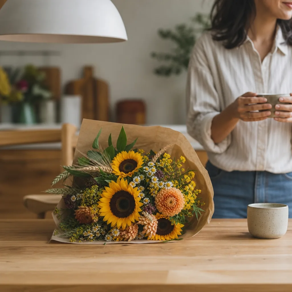 Färsk bukett bunden av en lokal florist, redo att levereras som blombud i Libanon
