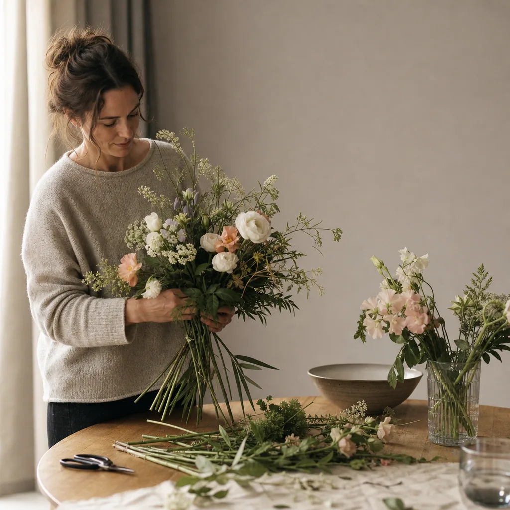 Färsk bukett bunden av en lokal florist, redo att levereras som blombud i Litauen