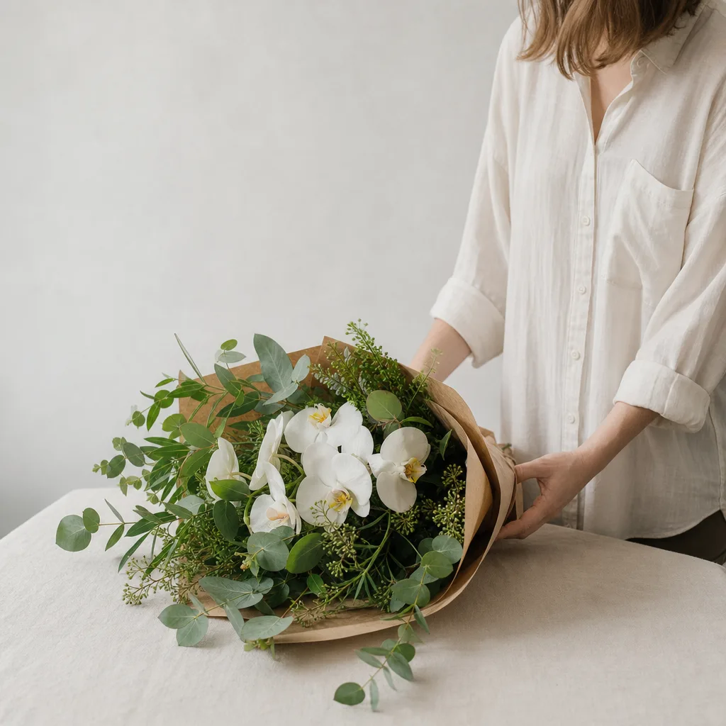 Färsk bukett bunden av en lokal florist, redo att levereras som blombud i Malaysia