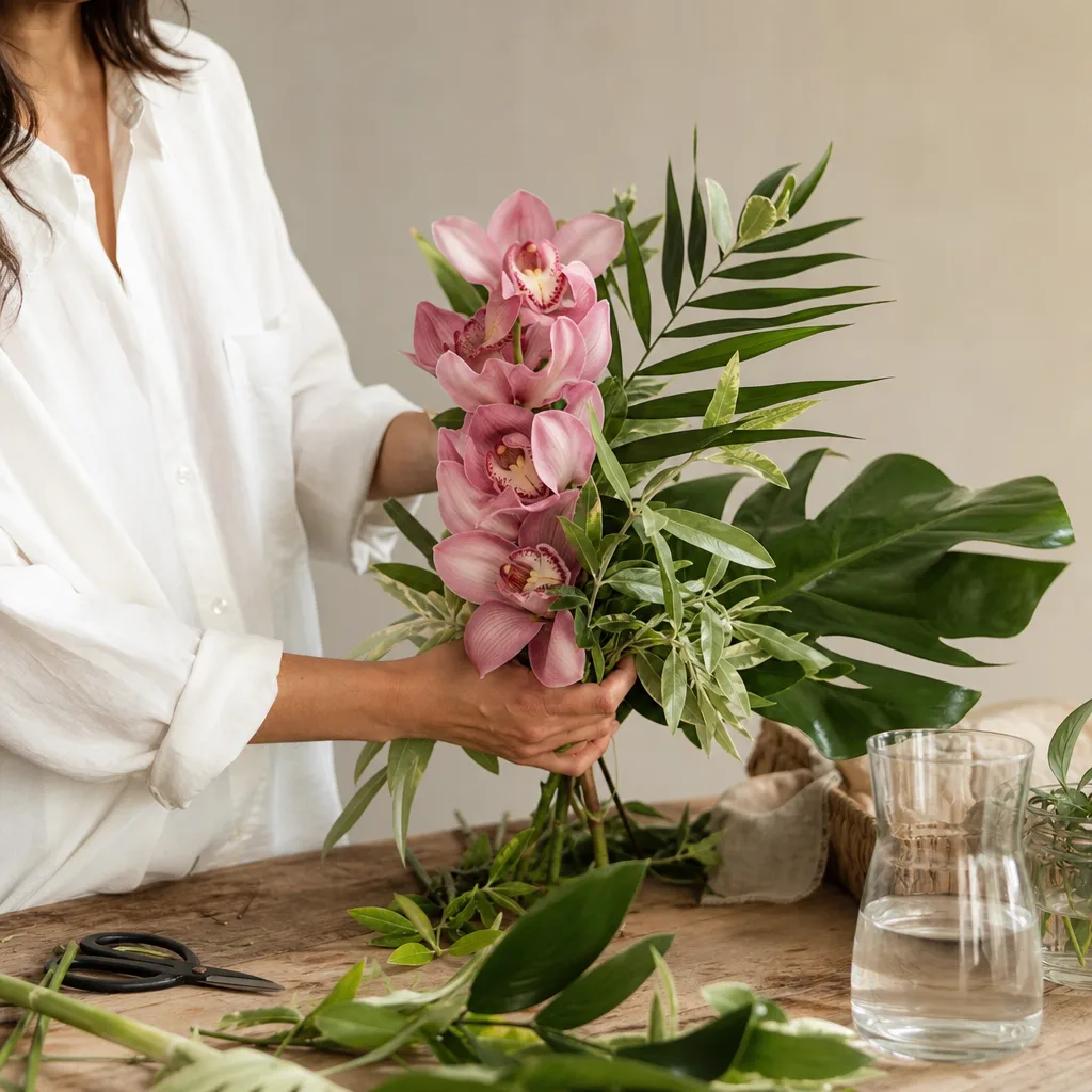 Färsk bukett bunden av en lokal florist, redo att levereras som blombud i Marocko